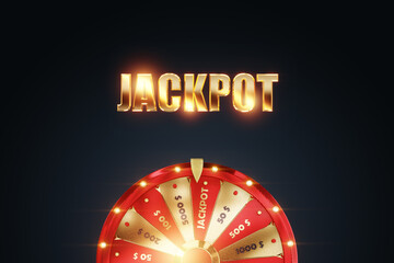 The inscription jackpot and golden Wheel of Fortune on a dark background. Casino concept, big win, luck, gambling, lucky person. 3D illustration, 3D Render, copy space.