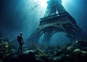 Keuken foto achterwand Schipbreuk Eiffel Tower under water symbolic image for future sea level rise