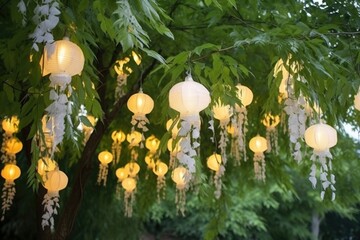 delicate chinese lanterns hanging in trees