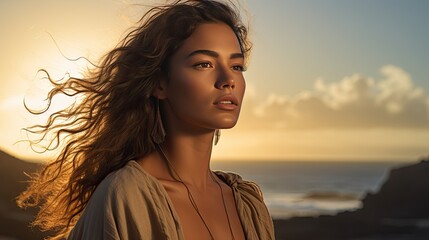 Model portraying a sun-kissed look, emphasizing the bronze tones, set against a beach during golden hour