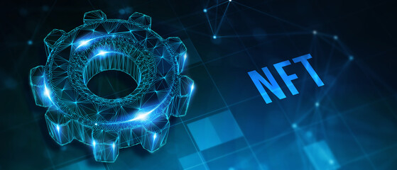 NFT Non-fungible token digital crypto  on virtual screen. 3d illustration