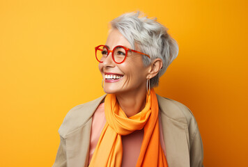 Portrait of attractive elderly happy laughing woman with gray hair wearing glasses over yellow background. AI generated