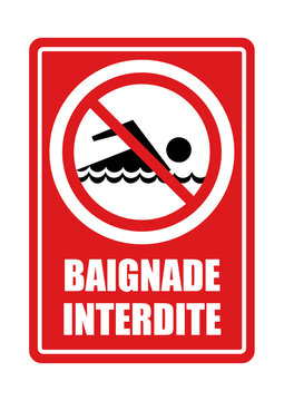 baignade interdite panneau interdiction fond rouge barr&eacute; encart rouge