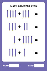 Addition page for kids. Educational math game for children with pencil. Printable worksheet design. Learning mathematic.