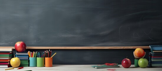 Classroom devoid of students equipped with school materials chalkboard and extended banner With copyspace for text