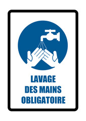 lavage des mains obligatoire equipement sécurité travail EPI icones rond et fond bleu et noir