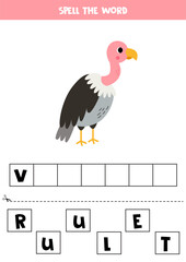 Spelling game for preschool kids. Cute cartoon vulture.
