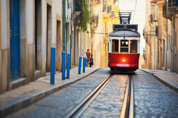 funicular on city streets in background of tourist. Travel concept of vacation and holiday.  - obrazy, fototapety, plakaty