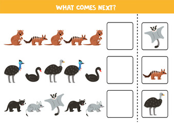 Fototapeta premium What comes next game with cute cartoon Australian animals.