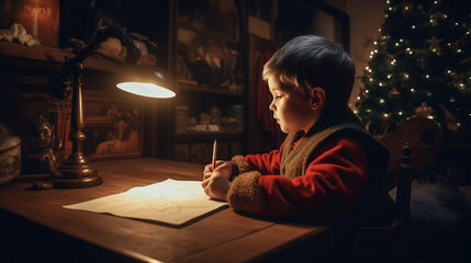 A child writing a card to Santa Claus on a christmas night