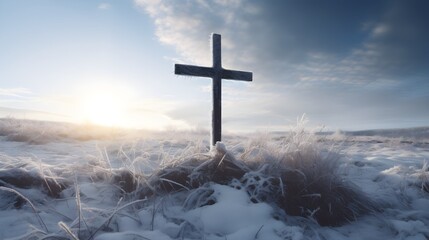 A jesus cross in a snowy meadow in winter
 - obrazy, fototapety, plakaty