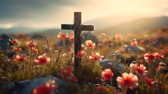 A jesus cross in a snowy meadow in winter
