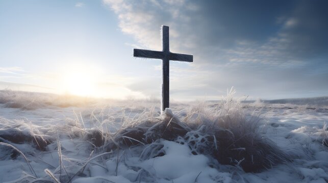 A jesus cross in a snowy meadow in winter
