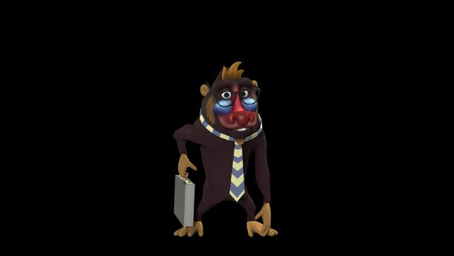 3D Animated Monkey Catching A Falling Briefcase From Above While A Tie Flies In And Wraps Around His Neck, Turning Him Into A Monkey Businessman.