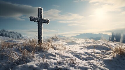 A jesus cross in a snowy meadow in winter
 - obrazy, fototapety, plakaty
