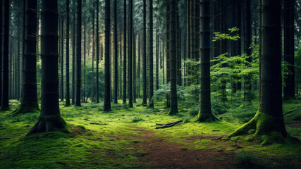 Beautiful green forest in the morning. Natural background. Vintage style.