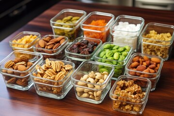Fototapeta premium raw nuts portioned out in small containers on a table