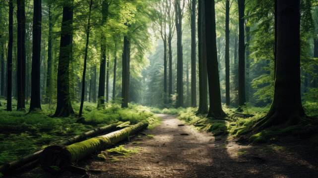 Sunlight in the green forest. Panoramic image of nature