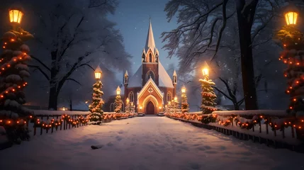 Fotobehang Church at night at christmas in wintertime © Andreas