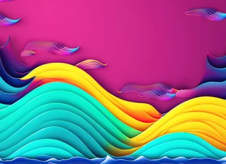 Foto op Aluminium 3d beach waves, watercolor waves, wavy abstract background, colorful, beach, sea, blue, red, yellow, rainbow, abstract, wallpaper, backdrop © yogia10