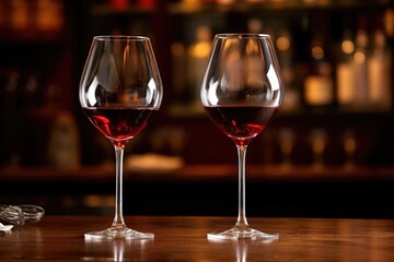 pair of wine glasses filled with red wine on a bar counter
