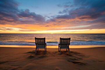 Fototapeta premium two empty chairs situated on a beach at sunset