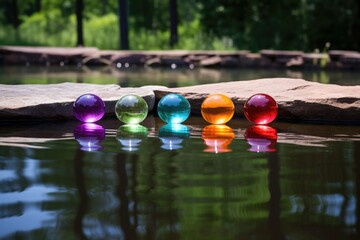 seven-colored chakra reflection in a calm pool of water - obrazy, fototapety, plakaty