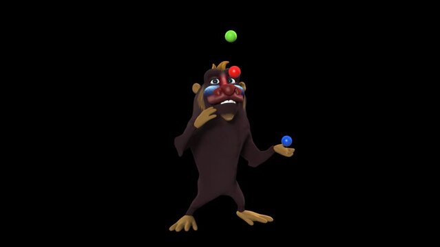 3D Animated Monkey Juggling Three Different Colored Balls And Waggling On Transparent Background