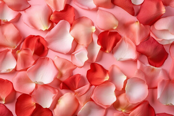 Top view of red rose flower petals on pink background