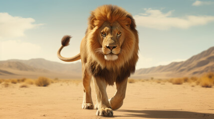 Big male African lion walking. - obrazy, fototapety, plakaty