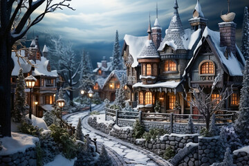 The roofs of the wood houses and street are covered in snow, Christmas scene, photo realistic
