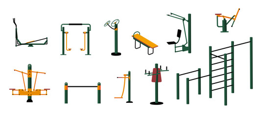 Street workout constructor. Cartoon city zone with gym equipment, outdoor workout area with red gym equipment flat style. Vector illustration