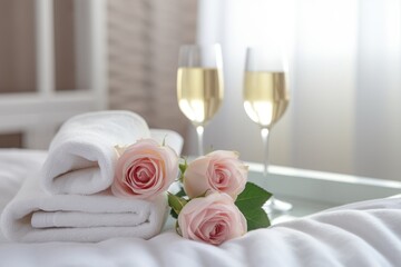 towel roses and champagne in romantic hotel room