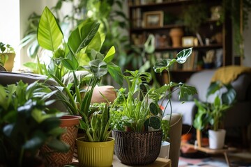 Fototapeta na wymiar close-up of green plants in a shared living room