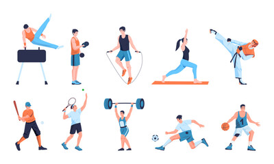 Fototapeta na wymiar Sports people set. Cartoon characters training in gym, man and woman weightlifting and running, diverse active characters in active poses. Vector isolated set