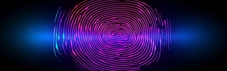 Fingerprint as a Neon Hologram on Golden Magenta Background, AI, Machine Learning, and Cybersecurity.