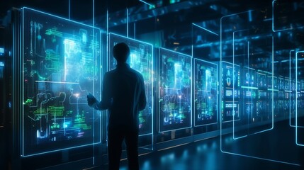 Digital Technology and Network Security, Engineer Managing Data Center Server Room.