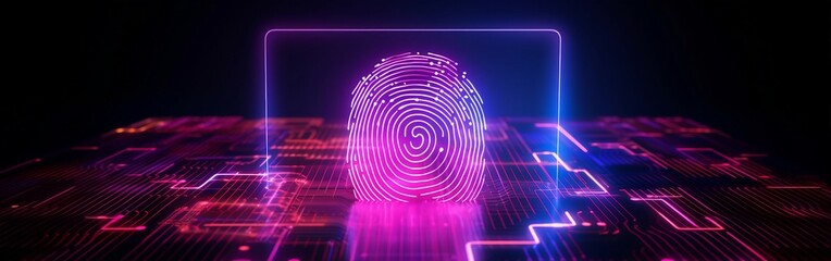 Fingerprint Neon Hologram on Magenta Background: Exploring AI, Machine Learning, and Cybersecurity in Identity and Big Data.