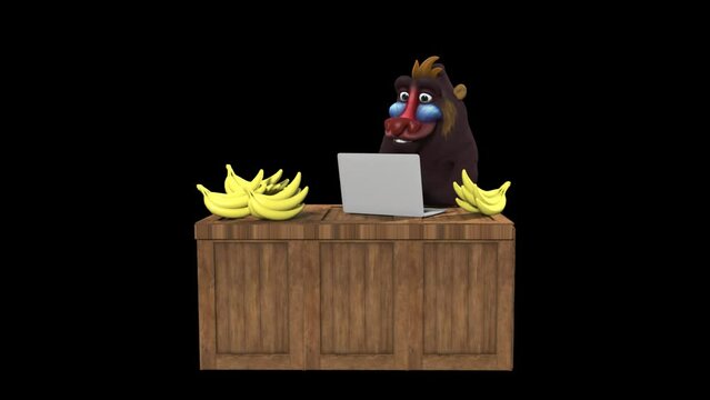 A Smiling Monkey Happily Working On Its Laptop At A Desk With Several Bunches Of Bananas Around Against Transparent Background