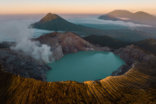 Aerial view of steam rising from Ijen crater between Banyuwangi Regency and Bondowoso Regency, East Java, Indonesia