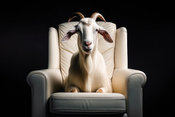 A white leather luxury armchair with a funny goat sitting on it