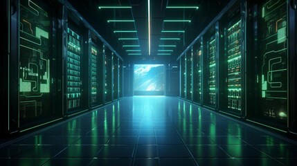 Fototapeta premium Secure Server Room: Glowing Digital Data Protection, Data Center