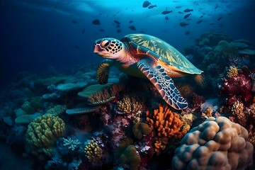 Naklejka na ściany i meble Turtle Underwater In Big Blue Oceans With Coral Reef. Generative AI