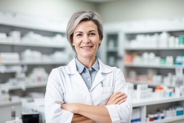 Fototapeta premium Portrait of a smiling confident female pharmacist working in a pharmacy. Standing with arms crossed in the drugstore. 