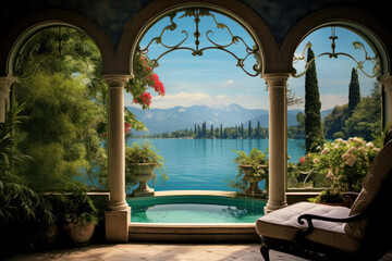 photo beautiful view of a blue lake captured from the inside of a villa