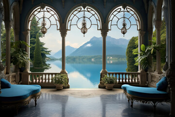 Interior of a beautiful villa with a view on a lake