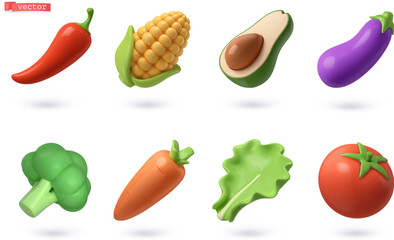 Vegetables and fruits 3d vector cartoon icon set - 662682796