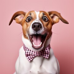 Happy and excited purebred dog, Jack Russell Terrier over pink background. Smile. Concept of domestic animals