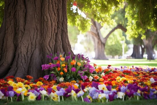 bright flowers placed at the base of a grand tree