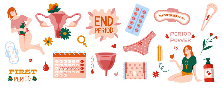 Menstrual periods set. Feminine cycle icons for paper napkins, cotton pads and period hygiene products. Woman reproductive health vector set